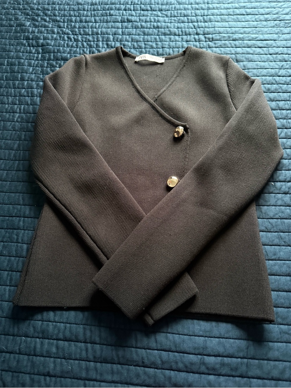 Zara Black Wrap-Style Knit Jacket with Gold Buttons